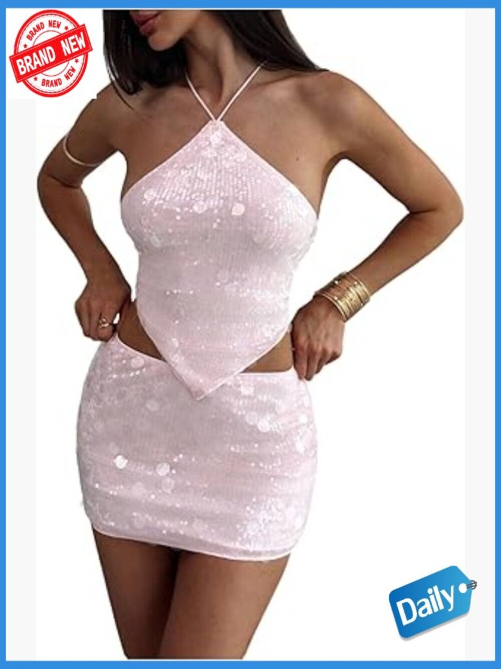 2 Piece Sequin Crop Top & Bodycon Mini Skirt Set Sparkly Party Outfit